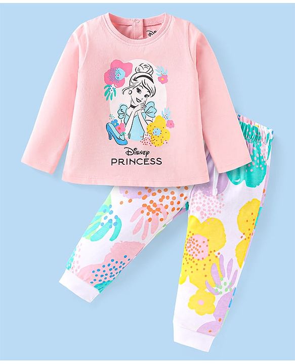 Babyhug Disney Single Jersey Knit Full Sleeves Night Suit with Disney Princess Print - Pink