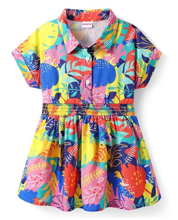 Babyhug Cotton Knit Half Sleeves Collard Frock with Tropical Theme - Multicolor