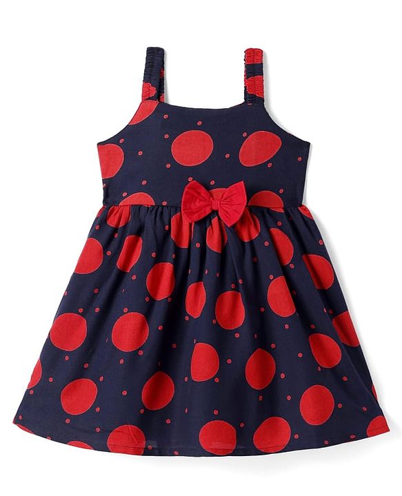 Babyhug Cotton Knit Sleeveless Frocks With Polka Dots Print & Bow Applique - Red & Navy Blue