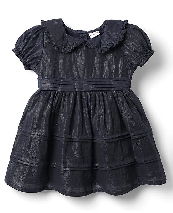 Babyhug Cotton Woven Half Sleeves Solid Frock With Peter Pan Collar - Navy Blue