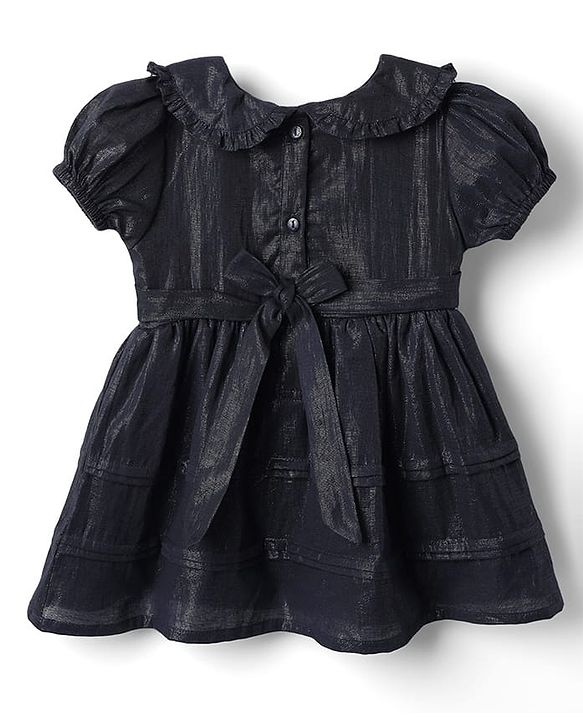 Babyhug Cotton Woven Half Sleeves Solid Frock With Peter Pan Collar - Navy Blue