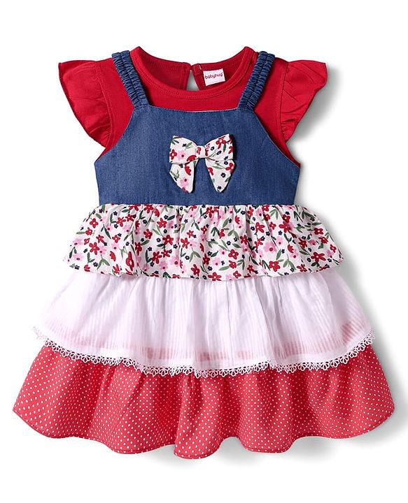 Babyhug Cotton Woven Polka Dots & Floral Printed Layered Frock with Frill Sleeves Inner Tee & Bow Applique - Red