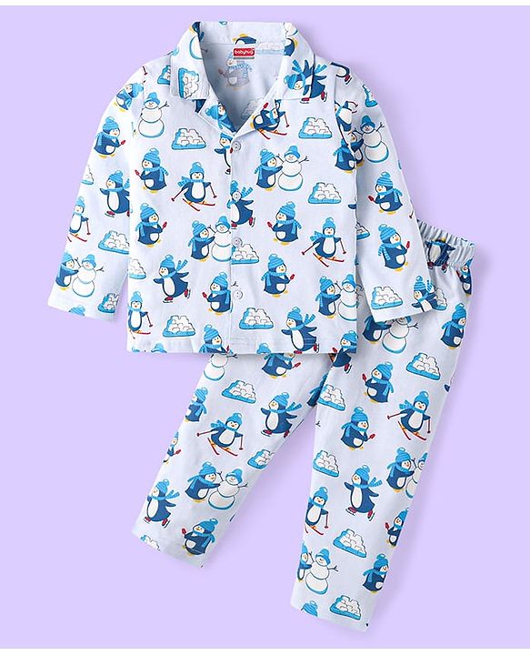Babyhug Cotton Knit Full Sleeves Penguin Printed Night Suit - Light Blue