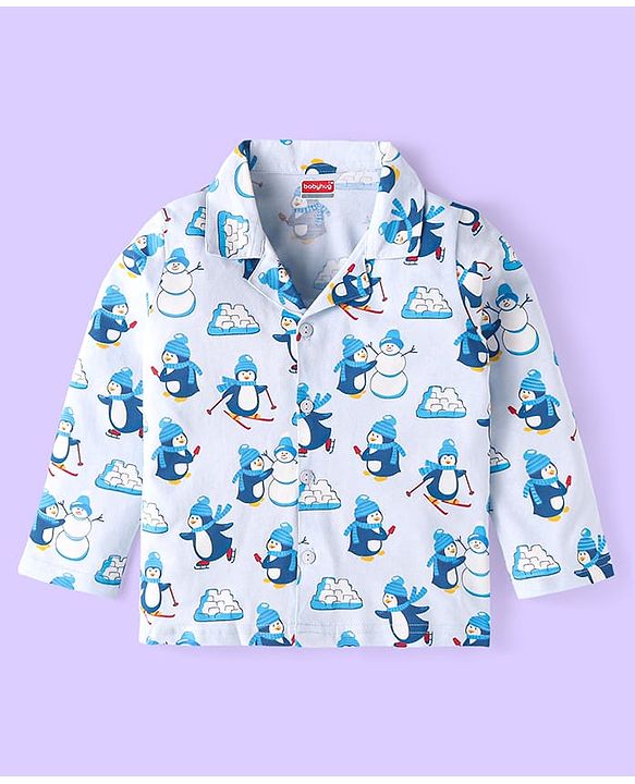 Babyhug Cotton Knit Full Sleeves Penguin Printed Night Suit - Light Blue