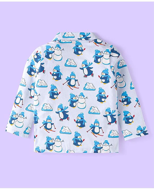 Babyhug Cotton Knit Full Sleeves Penguin Printed Night Suit - Light Blue