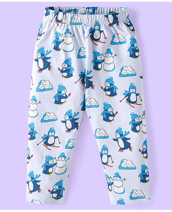 Babyhug Cotton Knit Full Sleeves Penguin Printed Night Suit - Light Blue