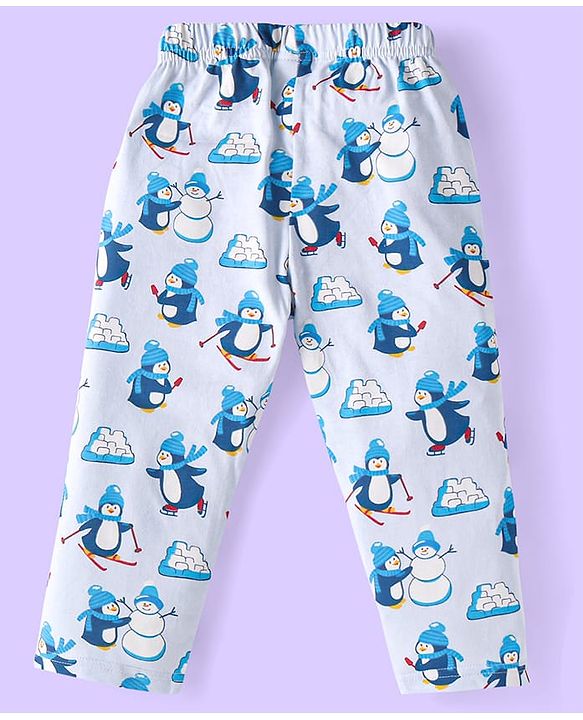 Babyhug Cotton Knit Full Sleeves Penguin Printed Night Suit - Light Blue