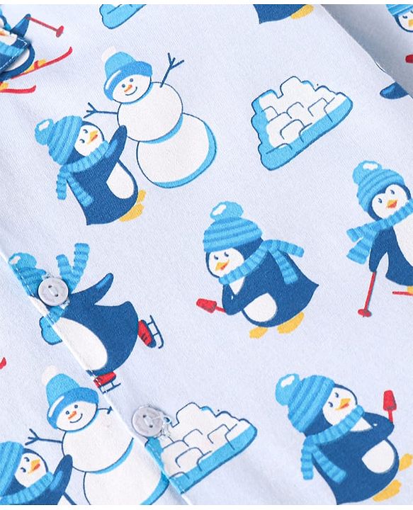 Babyhug Cotton Knit Full Sleeves Penguin Printed Night Suit - Light Blue