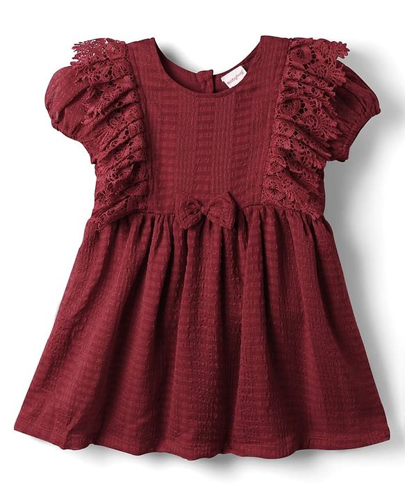 Babyhug Cotton Woven Half Sleeves Solid Frock With Bow Applique & Lace Detailing - Dark Red