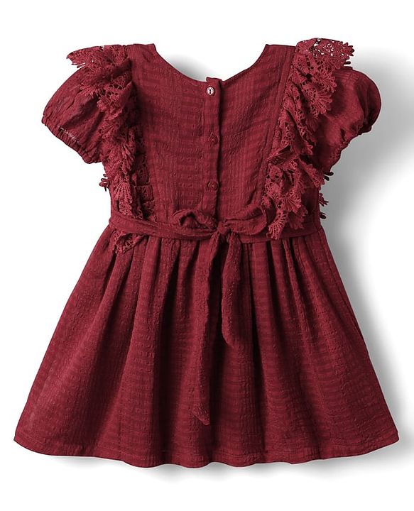 Babyhug Cotton Woven Half Sleeves Solid Frock With Bow Applique & Lace Detailing - Dark Red