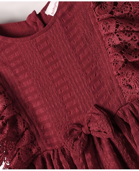 Babyhug Cotton Woven Half Sleeves Solid Frock With Bow Applique & Lace Detailing - Dark Red