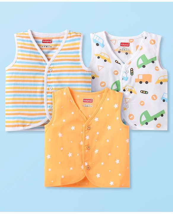 Babyhug 100% Cotton Woven Sleeveless Jhablas with Stripes & Vehicle Print Pack of 3 - Orange & White
