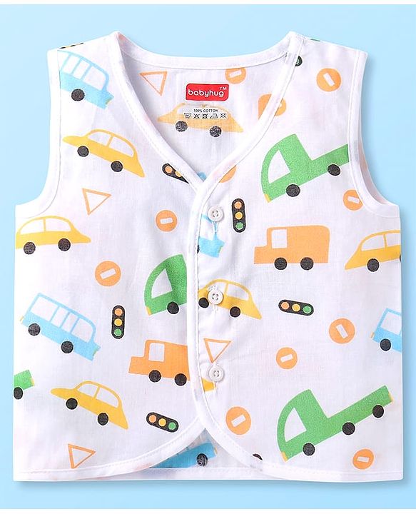 Babyhug 100% Cotton Woven Sleeveless Jhablas with Stripes & Vehicle Print Pack of 3 - Orange & White