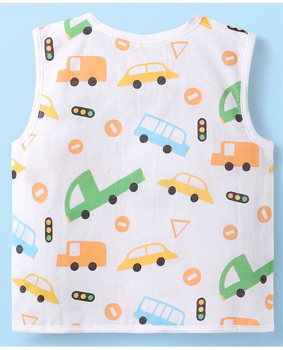 Babyhug 100% Cotton Woven Sleeveless Jhablas with Stripes & Vehicle Print Pack of 3 - Orange & White