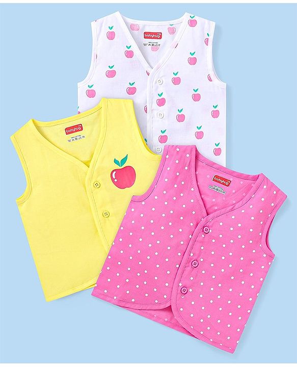 Babyhug 100% Cotton Woven Sleeveless Polka Dots & Apple Printed Front Open Jhablas Pack of 3 - White Yellow & Pink