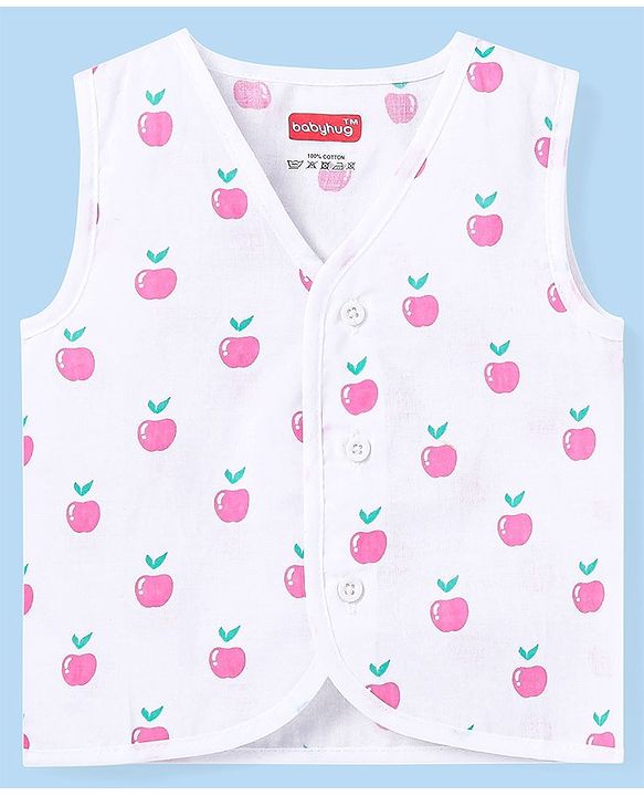 Babyhug 100% Cotton Woven Sleeveless Polka Dots & Apple Printed Front Open Jhablas Pack of 3 - White Yellow & Pink