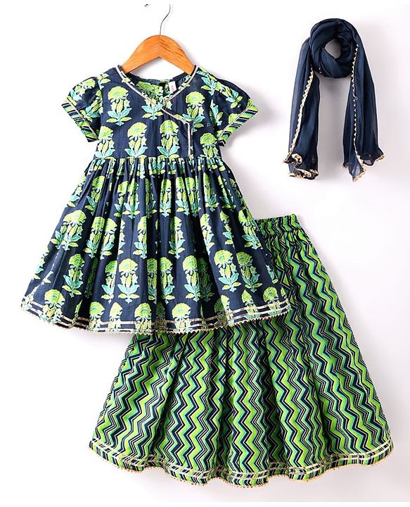 Babyhug Cotton Woven Half Puffed Sleeves Cambric Printed Lehenga Choli & Dupatta Set - Navy Blue & Green