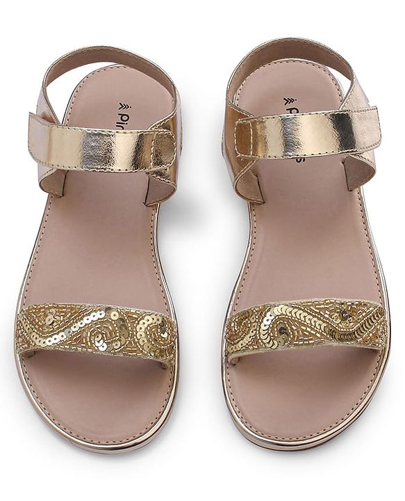 Pine Kids Formal & Party Wear Sandal with Velcro Closer  & Sequence Embroidery - Gold