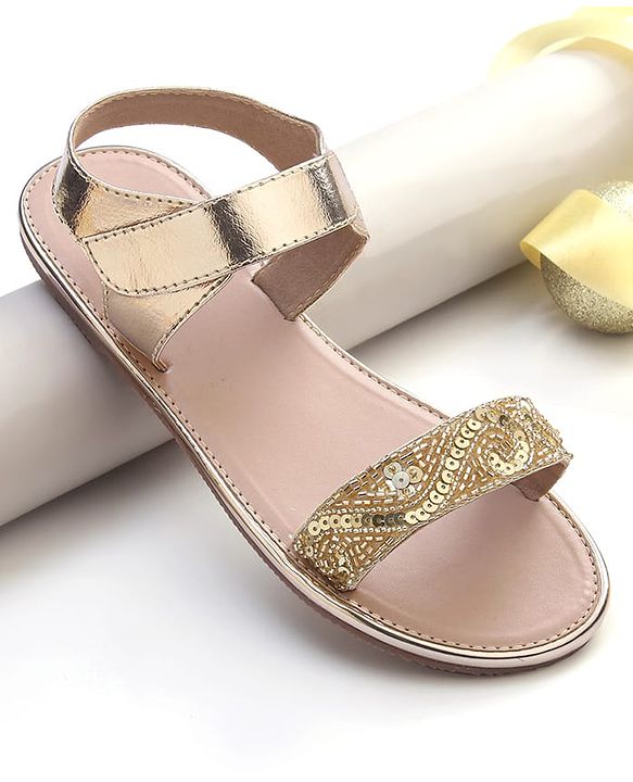 Pine Kids Formal & Party Wear Sandal with Velcro Closer  & Sequence Embroidery - Gold