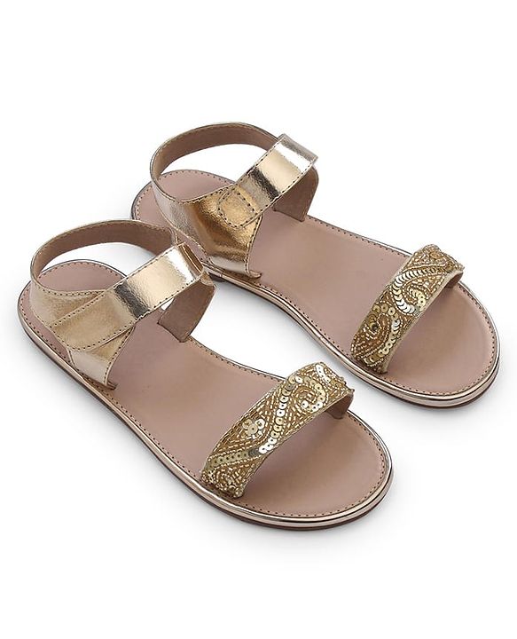 Pine Kids Formal & Party Wear Sandal with Velcro Closer  & Sequence Embroidery - Gold