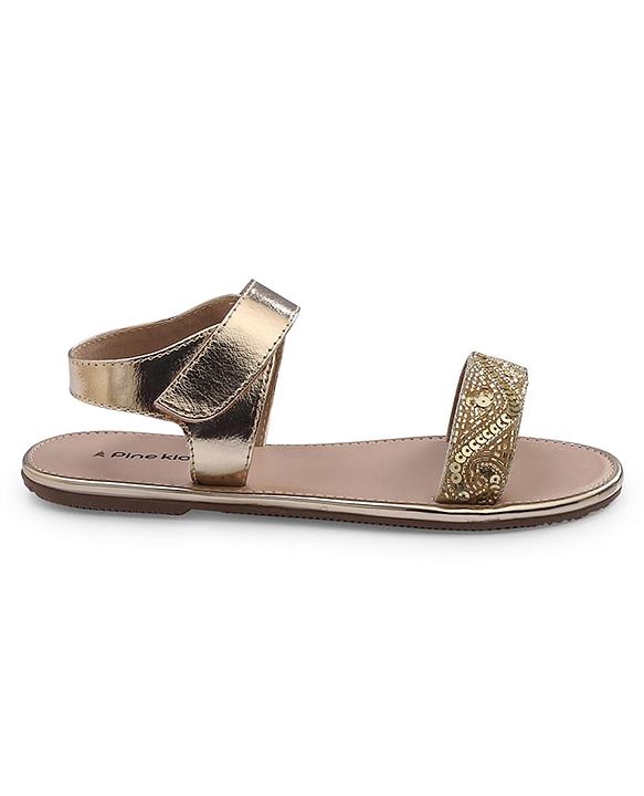 Pine Kids Formal & Party Wear Sandal with Velcro Closer  & Sequence Embroidery - Gold
