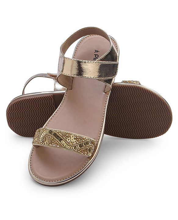 Pine Kids Formal & Party Wear Sandal with Velcro Closer  & Sequence Embroidery - Gold
