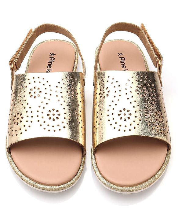 Pine Kids Sandals with Velcro Closure & Foil Detailing - Rose Gold