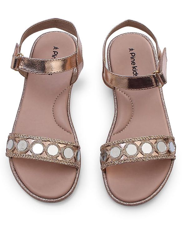 Pine Kids Formal & Party Wear Sandal with Velcro Closer & Mirror Work - Golden