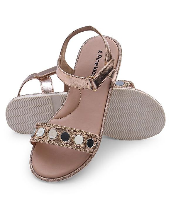 Pine Kids Formal & Party Wear Sandal with Velcro Closer & Mirror Work - Golden