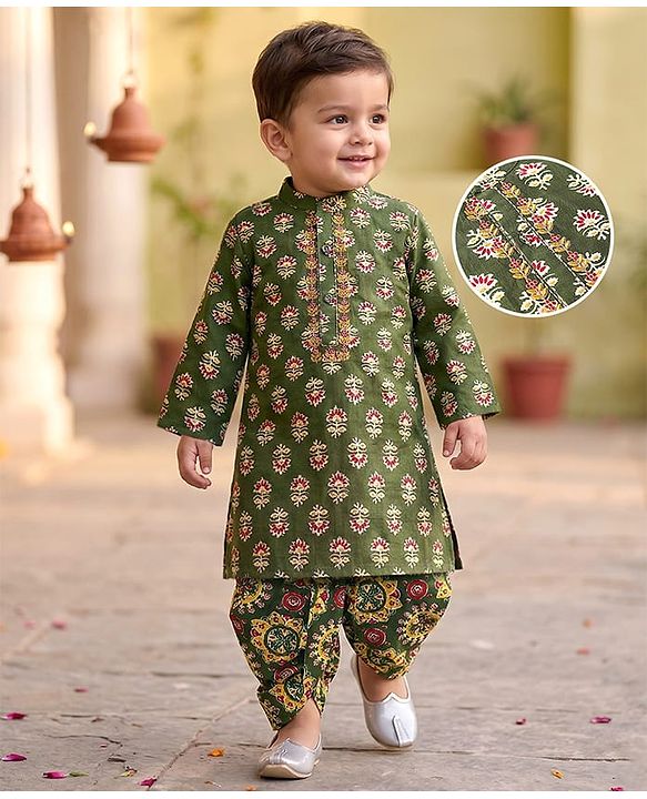 Babyhug Cotton Woven Full Sleeves Floral Printed Kurta & Dhoti Set - Olive Green