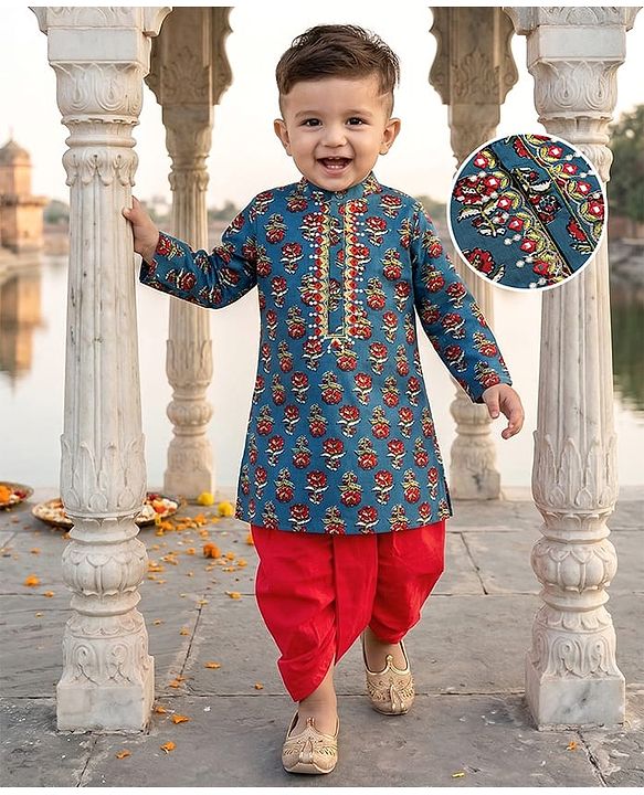 Babyhug Woven Full Sleeves Kurta Dhoti Set Floral Print - Teal Blue