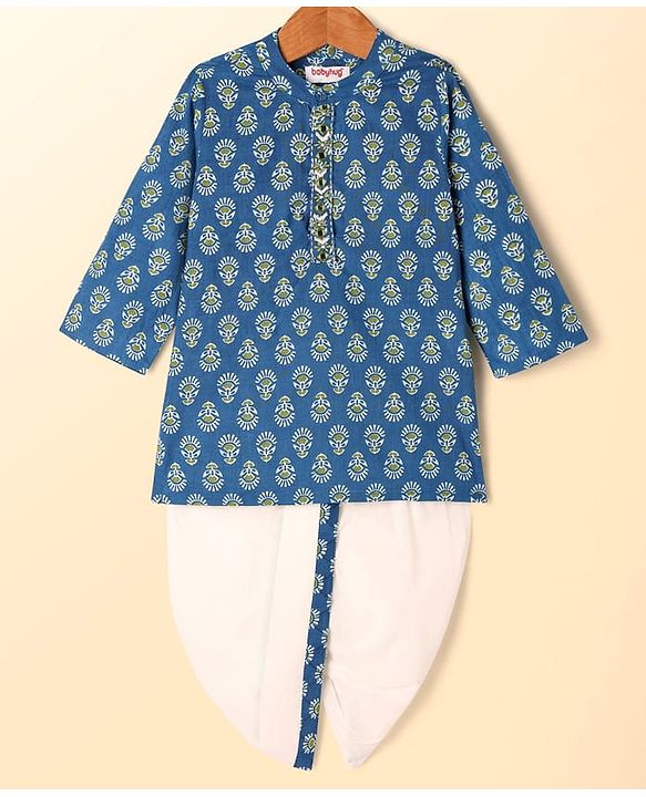Babyhug Cotton Woven Full Sleeves Kurta Dhoti Set with Floral Print - Blue