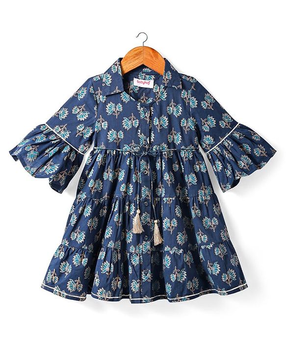 Babyhug Cotton Woven Three Fourth Sleeves Ethnic Dress with Floral Print - Navy Blue
