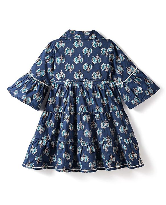 Babyhug Cotton Woven Three Fourth Sleeves Ethnic Dress with Floral Print - Navy Blue