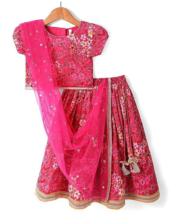 Babyhug Woven Short Puffed Sleeves Embroidered Lehenga Choli & Dupatta Set Floral Print - Dark Pink