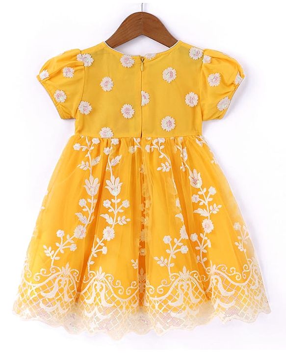 Babyhug Woven Half Puff Sleeves Ethnic Dress With Floral & Sequin Embroidery - Yellow