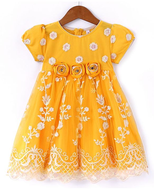 Babyhug Woven Half Puff Sleeves Ethnic Dress With Floral & Sequin Embroidery - Yellow