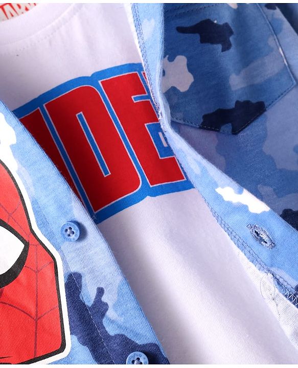 Babyhug Marvel Single Jersey Knit Full Sleeves Shirt With Spiderman Graphcis & Inner Sleeveless T-Shirt - Light Blue & White