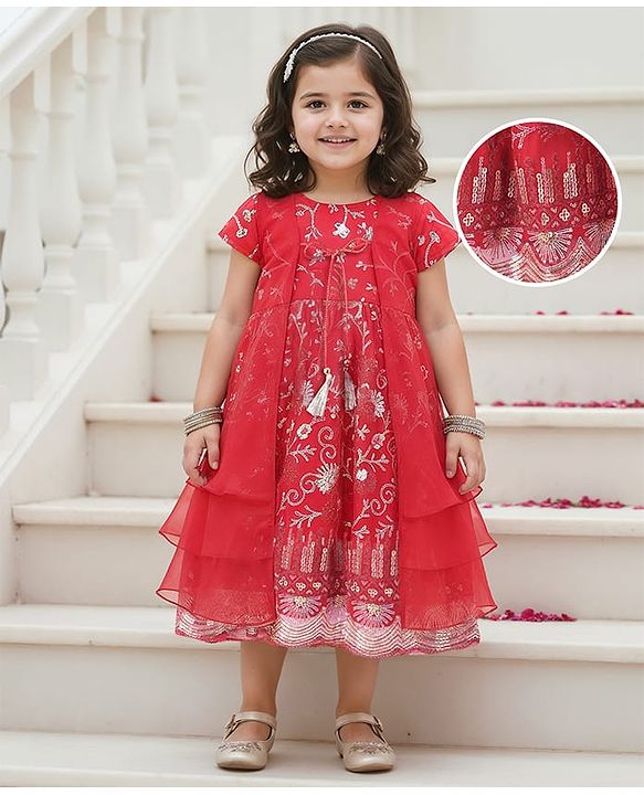 Babyhug Woven Short Sleeves Sequinned Floral Embroidered Frock with Sleeveless  Jacket - Red