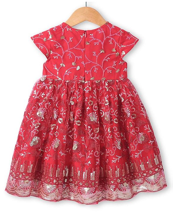Babyhug Woven Short Sleeves Sequinned Floral Embroidered Frock with Sleeveless  Jacket - Red