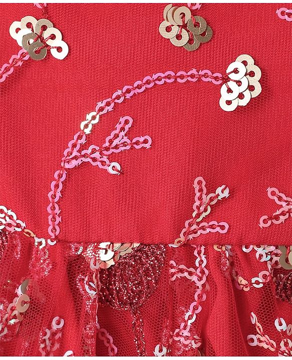 Babyhug Woven Short Sleeves Sequinned Floral Embroidered Frock with Sleeveless  Jacket - Red