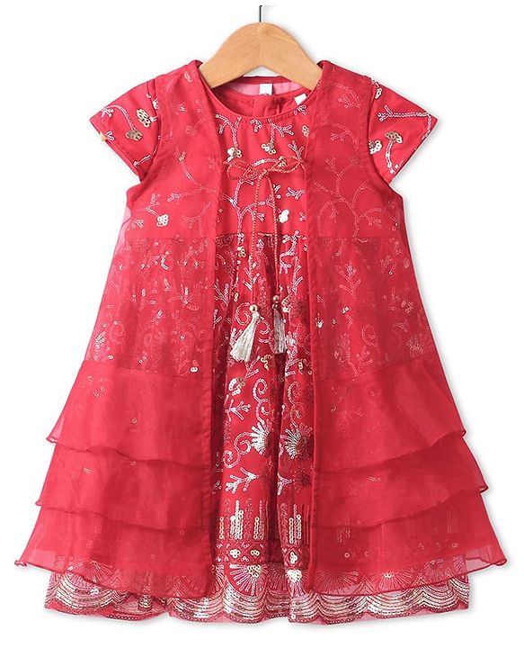 Babyhug Woven Short Sleeves Sequinned Floral Embroidered Frock with Sleeveless  Jacket - Red