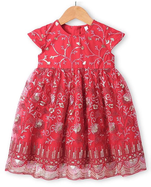 Babyhug Woven Short Sleeves Sequinned Floral Embroidered Frock with Sleeveless  Jacket - Red