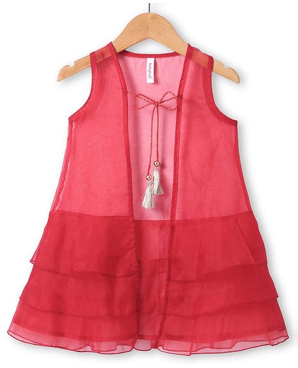Babyhug Woven Short Sleeves Sequinned Floral Embroidered Frock with Sleeveless  Jacket - Red