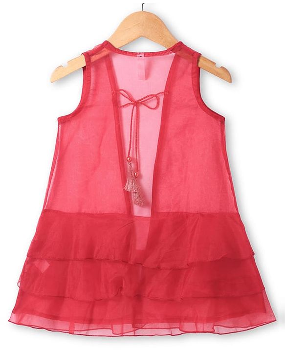 Babyhug Woven Short Sleeves Sequinned Floral Embroidered Frock with Sleeveless  Jacket - Red