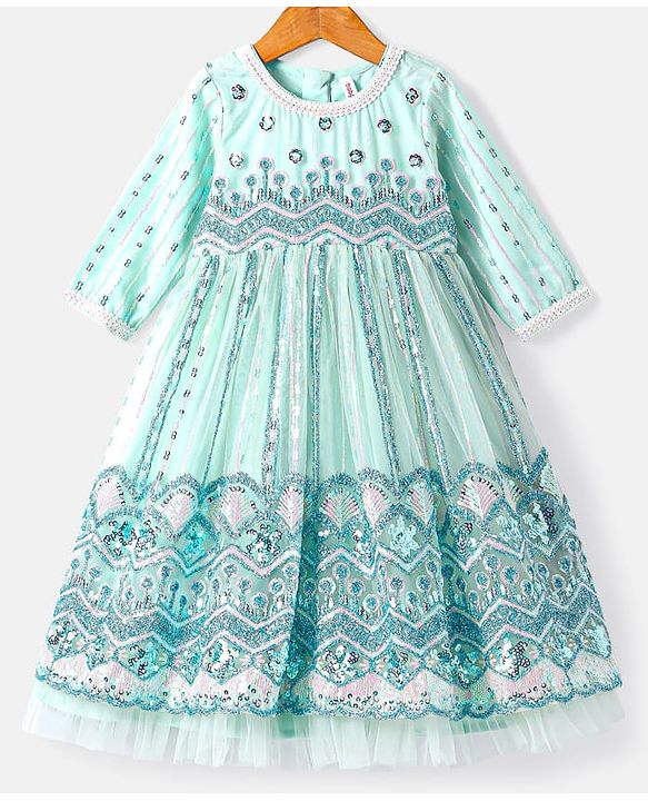 Babyhug Woven Three Fourth Sleeves Floral & Sequin Embroidered Ethnic Dress - Aqua Blue
