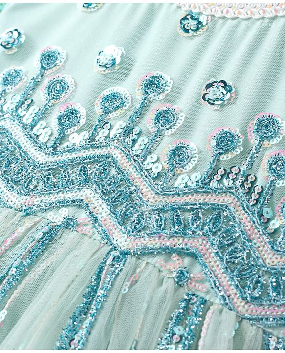 Babyhug Woven Three Fourth Sleeves Floral & Sequin Embroidered Ethnic Dress - Aqua Blue