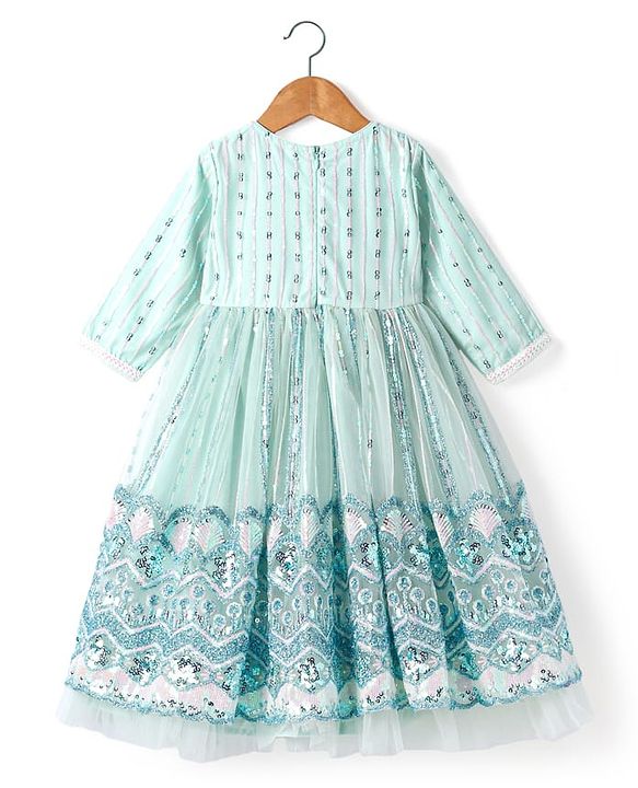 Babyhug Woven Three Fourth Sleeves Floral & Sequin Embroidered Ethnic Dress - Aqua Blue