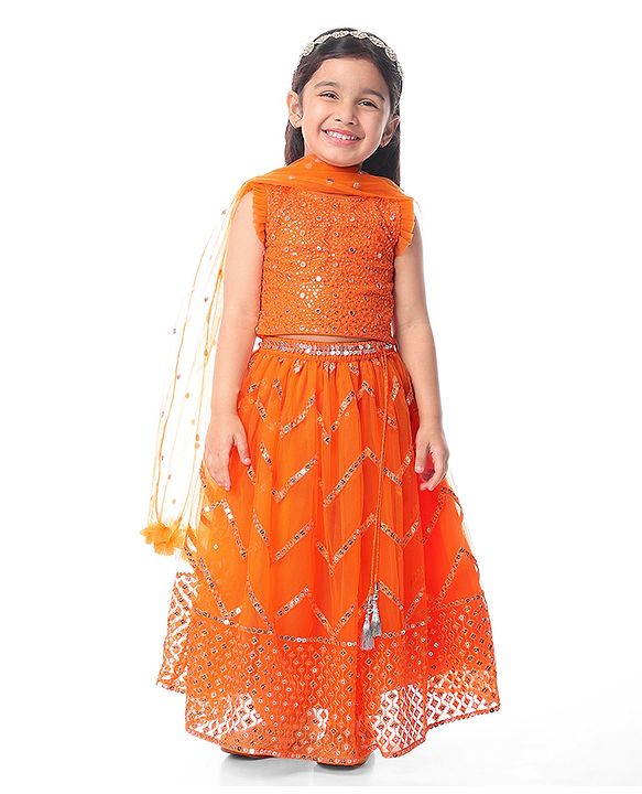 Babyhug Sleeveless Sequenced Embroidered Choli Lehenga & Dupatta Set - Orange