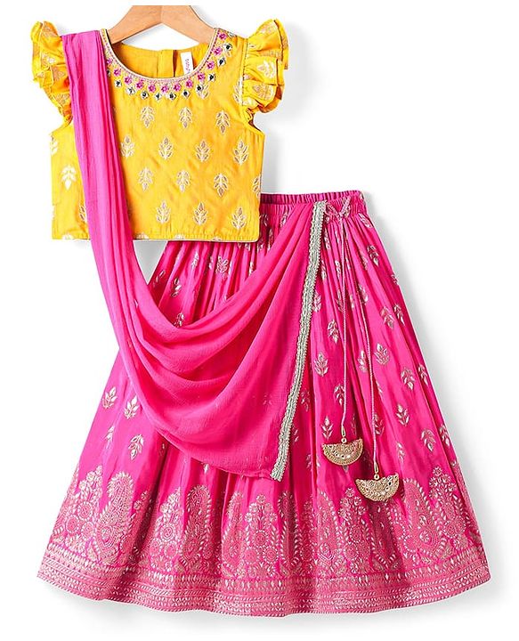 Babyhug Woven Frill Sleeves Brocade Choli Lehenga & Dupatta Set with Tassle Detailing - Dark Pink